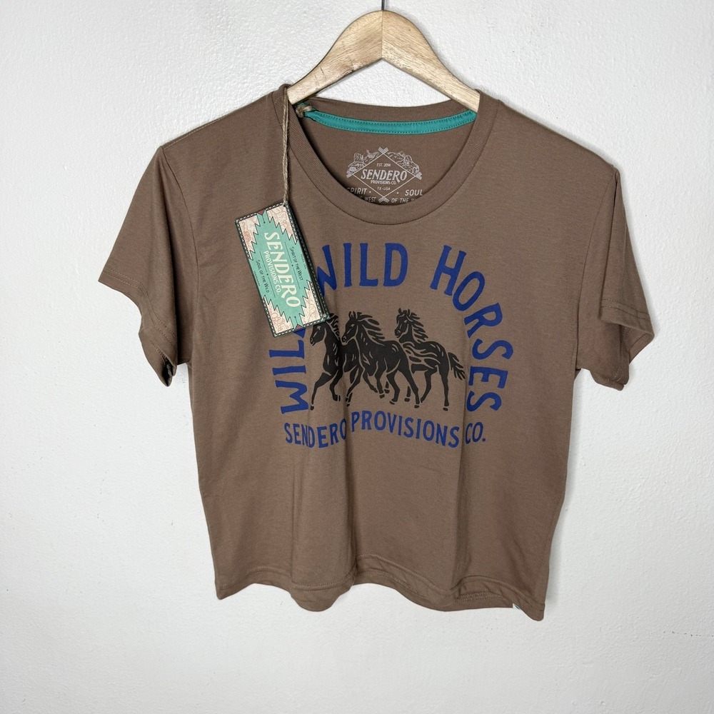 New Sendero Provisions Co Brown Wild Horses Western Cropped T-Shirt Womens Small